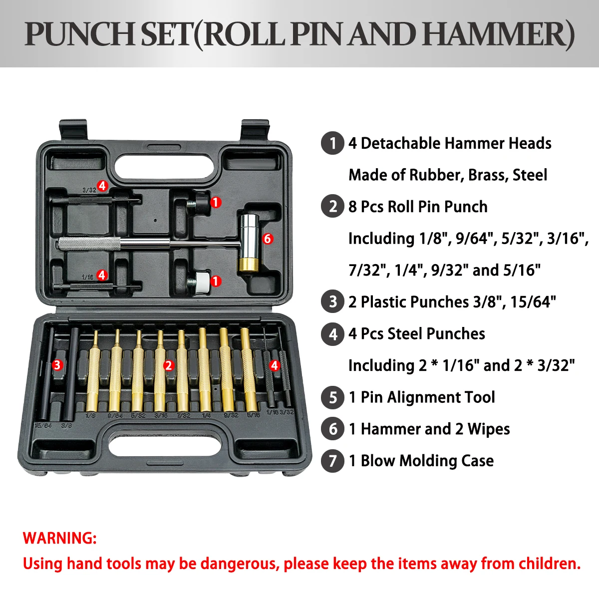 9in1 Roll Pin Punch Set and 1 Double Faced Mallet Hand Pin Remover Tool w/ Bag 