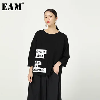 

[EAM] Women Letter Print Back Long Big Size T-shirt New Round Neck Three Quarter Sleeve Fashion Tide Spring Autumn 2020 1R087