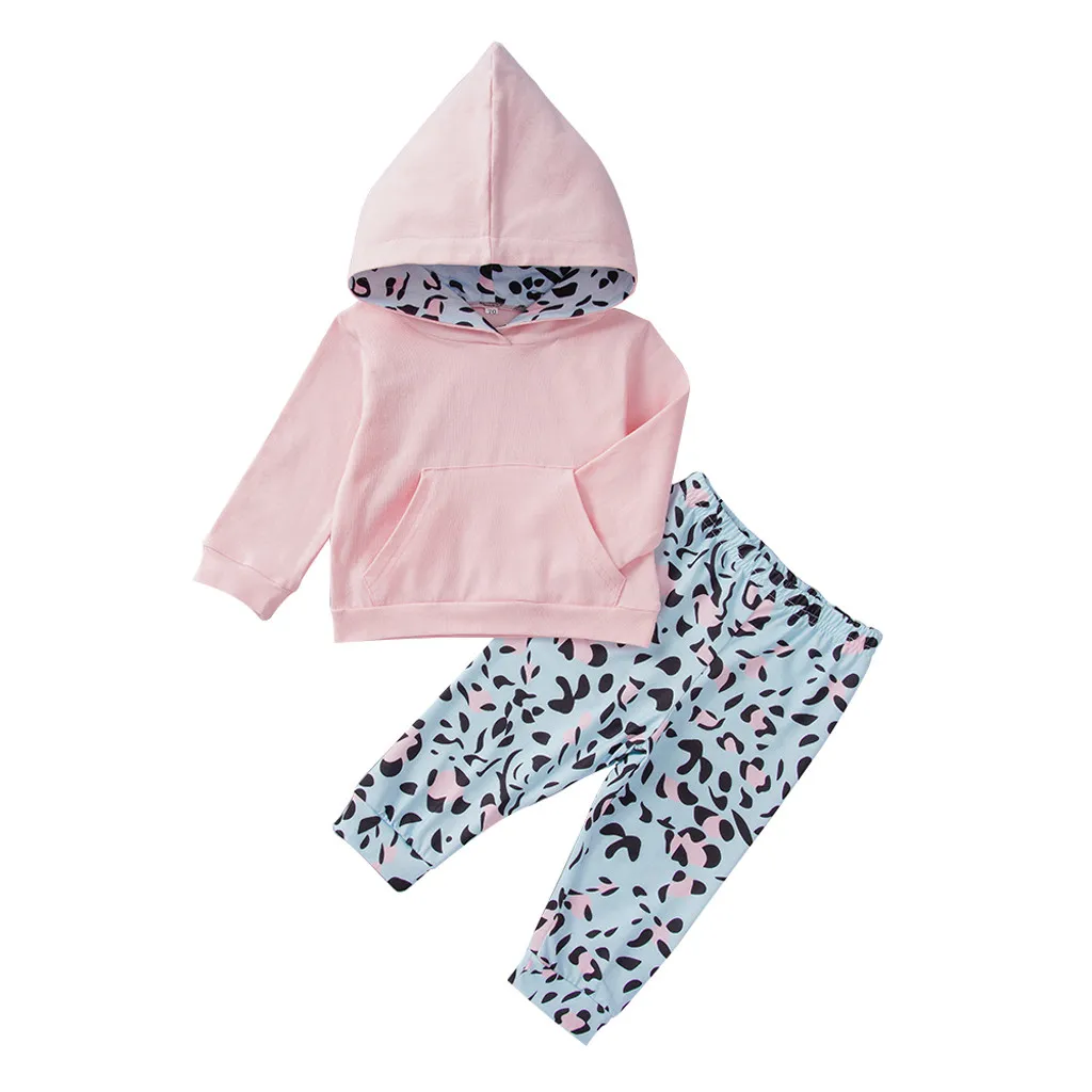 Однотонные топы с капюшоном для новорожденных девочек, леопардовые штаны, комплект одежды для малышей, костюм для малышей, костюм для новорожденных - Цвет: Розовый