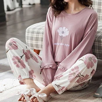 

Spring Autumn Women's Pajamas Cotton Long Sleeve Trousers Printed Bow Crew Top Casual Pants Two-piece Suit Fashion Sleepwear