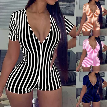 

2020 Sexy Women Deep V-neck Bodycon Jumpsuit Romper Sleepwear Short Sleeve Striped Summer Jumpsuit Short Romper Bodysuit Leotard