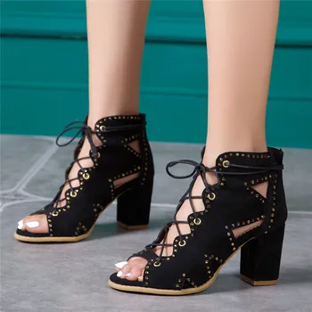 

Block Heels Sandals for Women High Heels Shoes Lace up Womens Sandles Open Toe Ladies Summer Ankle Boots Plus Size 44 45 46