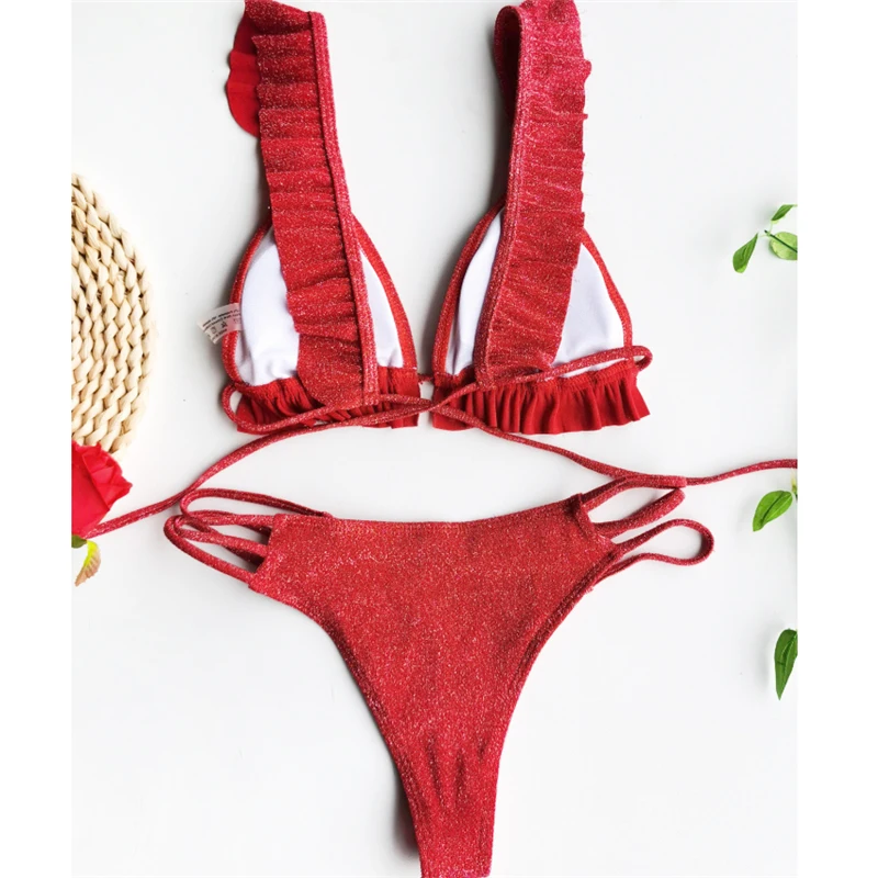 GNIM Ruffle Bikini Swimwear Women Push Up 2020 Sexy Solid Brazilian Swimsuit Two Pieces Backless Swimming Suit For Women Biquini