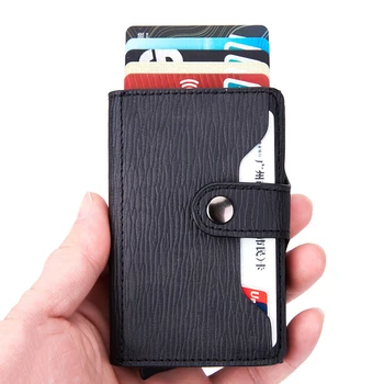 

BISI GORO 2020 RFID Hasp Card Holder Waeve Pattern PU Leather Clutch Pop-up Wallet Aluminum Box Slim Thin Smart New Card Case