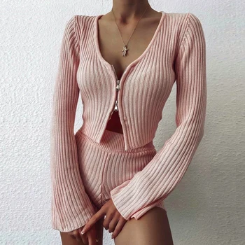 

Two Pieces Clothes Set For Women Knitted Long Sleeve 2020 Lady Tracksuit Set Top+ Shorts Outfit Tracksuit Clothing Autumn D30