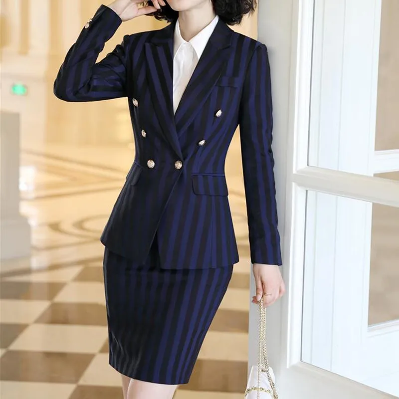 

Skirt Suits Women Double Breasted Striped Designer Blazer Jacket Mini Skirt 2 Piece Set Business Formal Work Office Ladies Wear