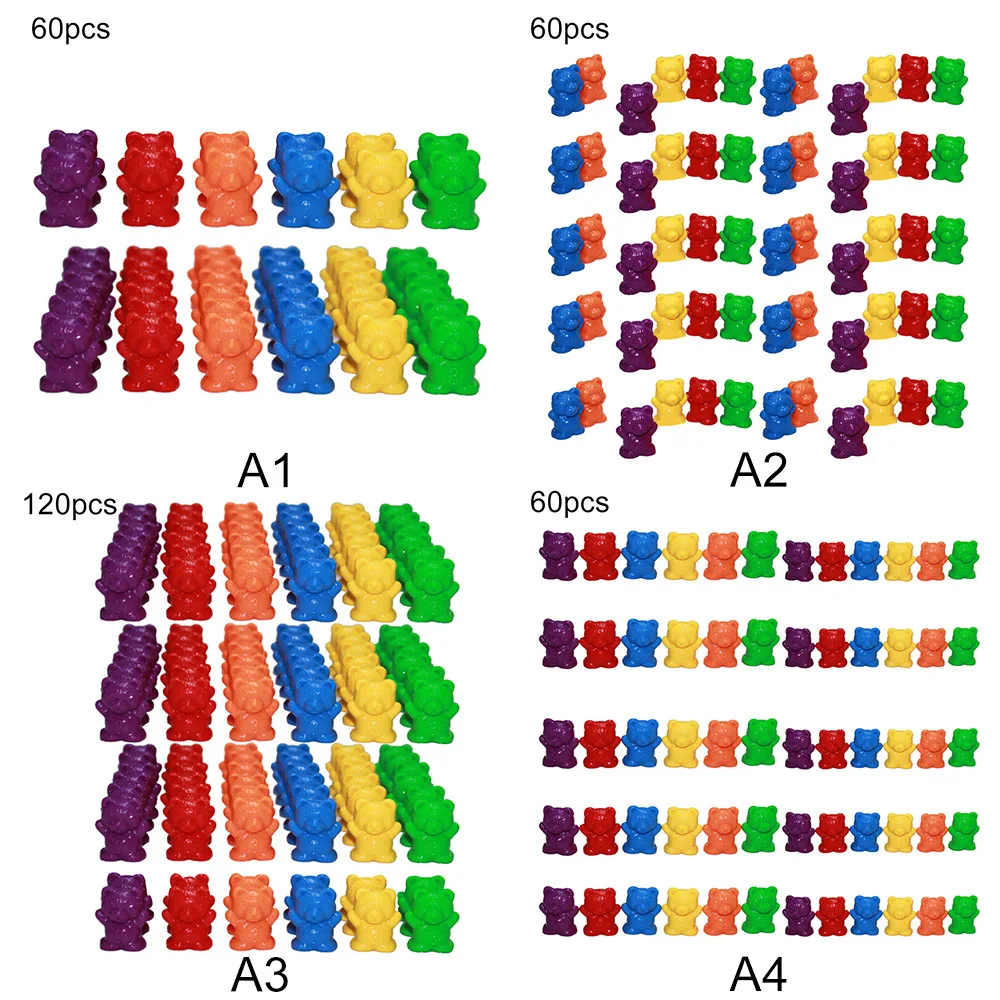 60pcs Bear Shape Weight with Scale Mark Science Education Toy Professional Kindergarten Experiment Math Color Teaching Aid