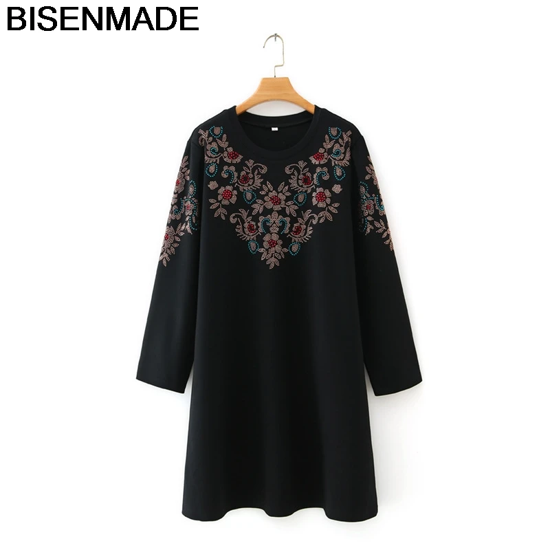 

BISENMADE Oversize Women's Autumn New Style Knitted Hot Rhinestone Loose Version mid-length Dress