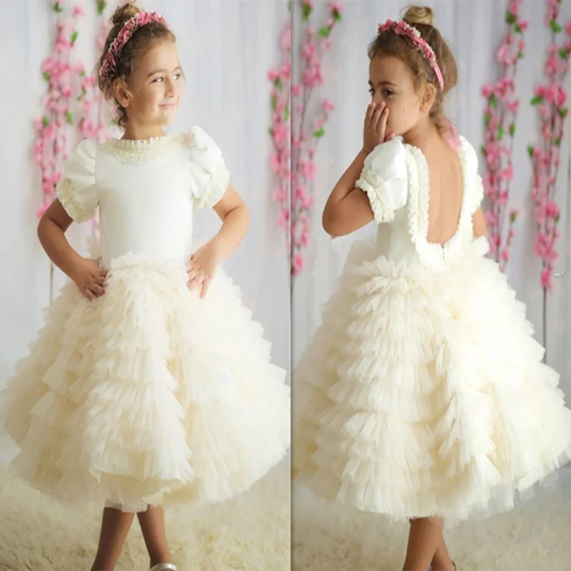 Милое Платье для дня рождения для маленьких девочек цвета слоновой кости пышная ярусная фатиновая Юбка До Колена с открытой спиной для маленьких девочек