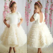 Милое Платье для дня рождения для маленьких девочек цвета слоновой кости пышная ярусная фатиновая Юбка До Колена с открытой спиной для маленьких девочек