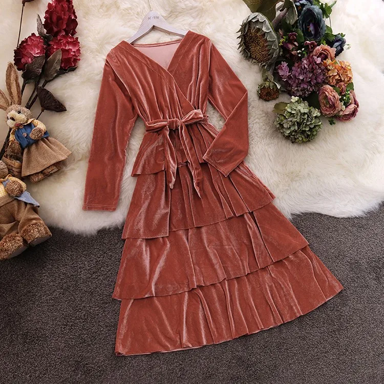 Осенне-зимнее Новое Женское платье с v-образным вырезом, на шнуровке, с тремя слоями, с оборками, бархатное платье феи, женские элегантные пышные платья с поясом