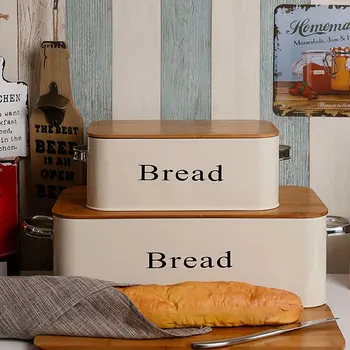 

S/M Metal Bread Box with Bamboo Cover Binaural Food Bin Household Snack Storage Box Kitchen Food Basket Storage Organizer Box