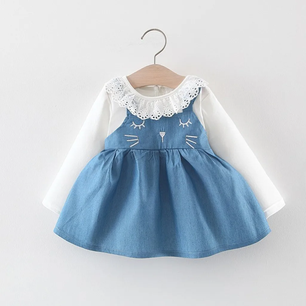 New Fashion Girls Ruffles Patchwork Long Sleeve Cotton Dress Baby Girls Dress Autumn Clothes Kids Girls Ball Cute Dress 1- 3Year