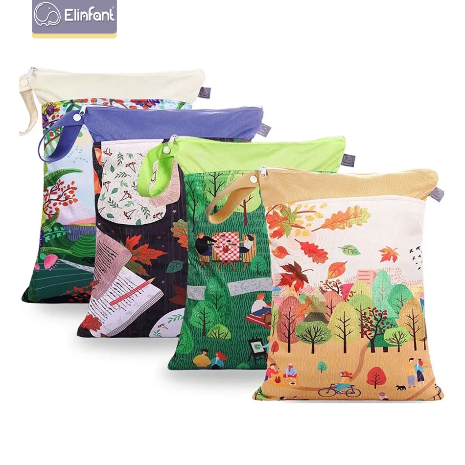 Elinfant-bolsa húmeda con impresiones digitales, bolsa de pañales seca con dos bolsillos y Asa de tela, 30x40CM, venta al por mayor, story of seasons