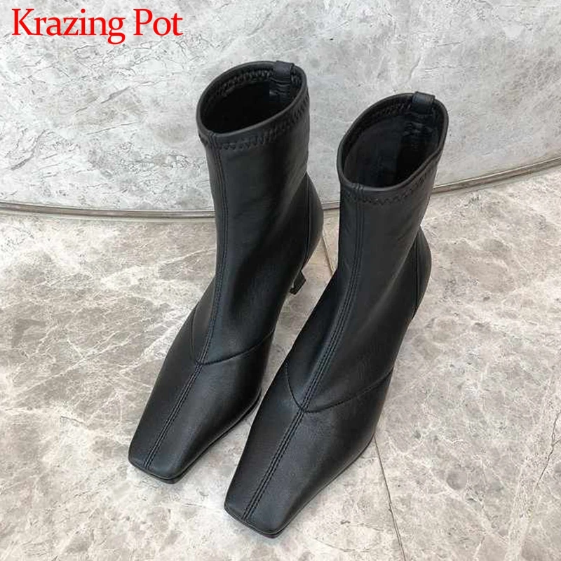 

Krazing Pot small square toe high heels fashion simple gentlewomen shoes winter keep warm black colors stretch ankle boots L51