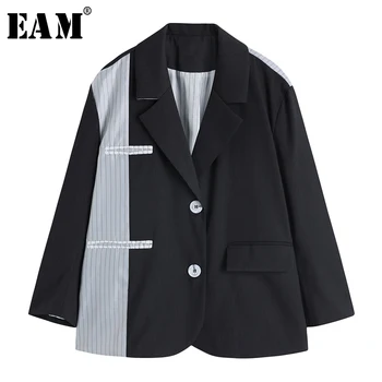 

[EAM] Women Gray Striped Split Big Size Blazer New Lapel Long Sleeve Loose Fit Jacket Fashion Tide Spring Autumn 2020 1X790