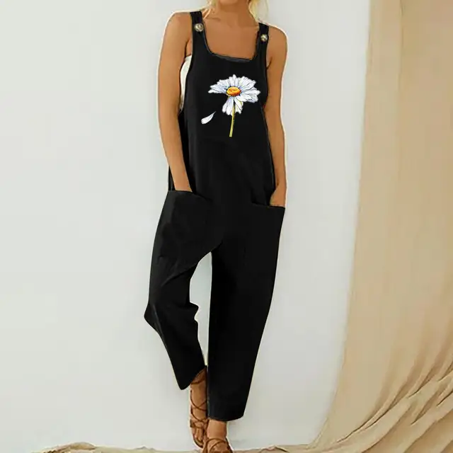 Womens Dungarees Print Rompers 2021 Summer New Ladies Casual Loose Linen Cotton Jumpsuit Sleeveless Pocket Overalls Playsuit 3A1892-Black