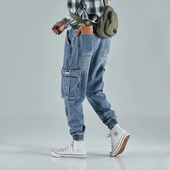 

2020 Mens Jeans Brand Hip Hop Sping Ripped Men Solid Cotton Full Length Mid Blue Color Washed Denim Jeans Male Cargo Pants S-4XL