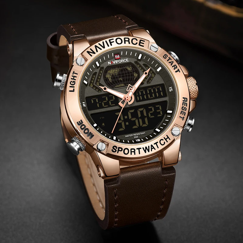 NAVIFORCE новые мужские часы Топ люксовый бренд кожа водонепроницаемые мужские спортивные часы кварцевые аналоговые цифровые часы мужские Relogio Masculino