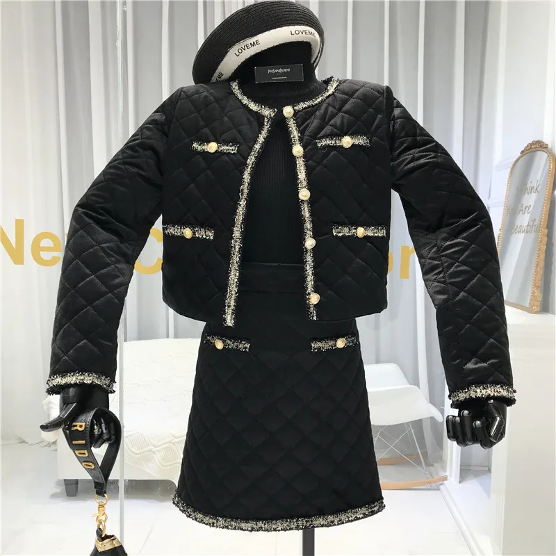 ALPHALMODA, зимняя женская куртка, юбка, 2 шт., модный костюм, в сетку, с подкладкой, короткая верхняя одежда, пальто+ трапециевидная юбка, Модный комплект