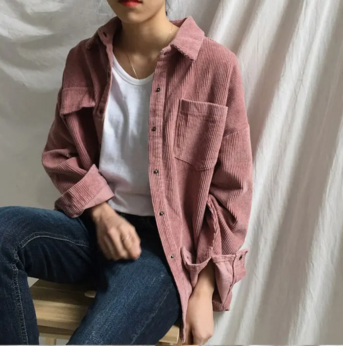 Новые вельветовые куртки Harajuku для женщин, осенне-зимние пальто размера плюс, женские большие Топы, милые Куртки, одноцветная одежда