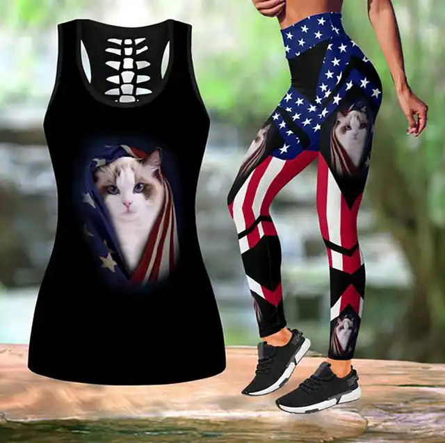 FCCEXIO Cat 3D Print Fitness Sportwear Yoga Clothes Gym Workout Tank Top Sports 2PCS Set Pants Women Seamless Leggings Outfit 015yj