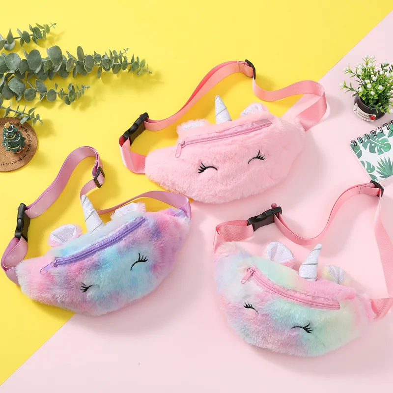 Cute Unicorn Children's Fanny Pack Waist Bag Plush Belt Gradient Color Chest Bag Cartoon Coin Purse Travel Chest Handbag