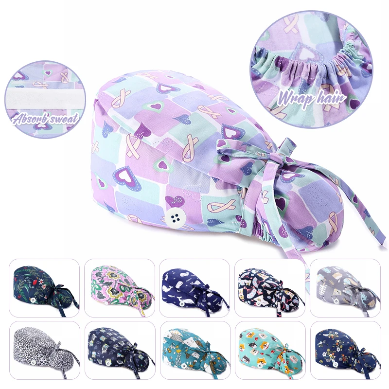 Medical Scrub Hats Long-hair Woman Scrubs Caps Elastic Adjustable Beauty Salon Printed Pet Work Hat Sweat-absorbent Health Service Nurse Scrubs Hat