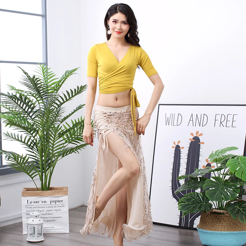 2 pieces set Новинка, одежда для танца живота, костюм из 2 предметов, тренировочная одежда, бахрома с блестками, юбка для начинающих, Одежда для танцев в Восточном Индийском стиле, DL4610 - Цвет: 2 pieces set
