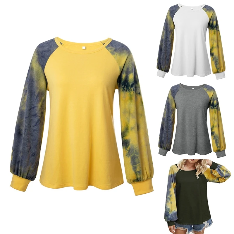 

Women Autumn Lantern Long Sleeve T-Shirt Round Neck Tie-Dye Patchwork Pullover Tops Color Block Boho Casual Loose Harajuku Steet