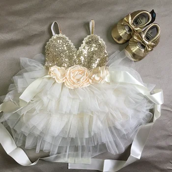 

Shinny flower girls dress for kids with belt toddle party gown gold sequined layered tutu dress children new year dress clothing