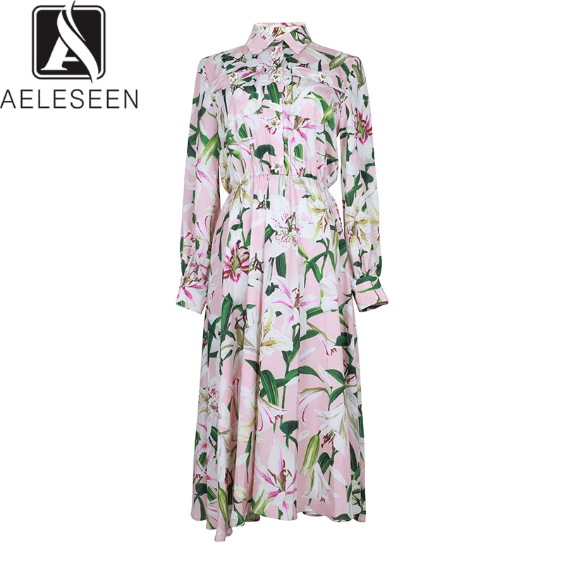 

AELESEEN New Fashion Office Lady Dress 2020 Spring Autumn Luxury Lily Appliques Buttons Pocket Floral Print Mid-Calf Dress