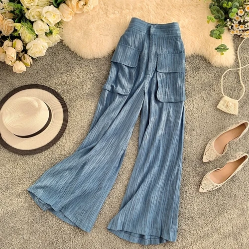Весна осень высокая талия широкие брюки женские модные тонкие драпированные прямые брюки повседневные Карманы штаны со складками женские Mw746 - Цвет: Синий