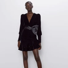 Za женский модный бархатный мягкий костюм с бантом, Асимметричная мини драпированная юбка с v-образным вырезом, Женский Повседневный стильный шикарный костюм