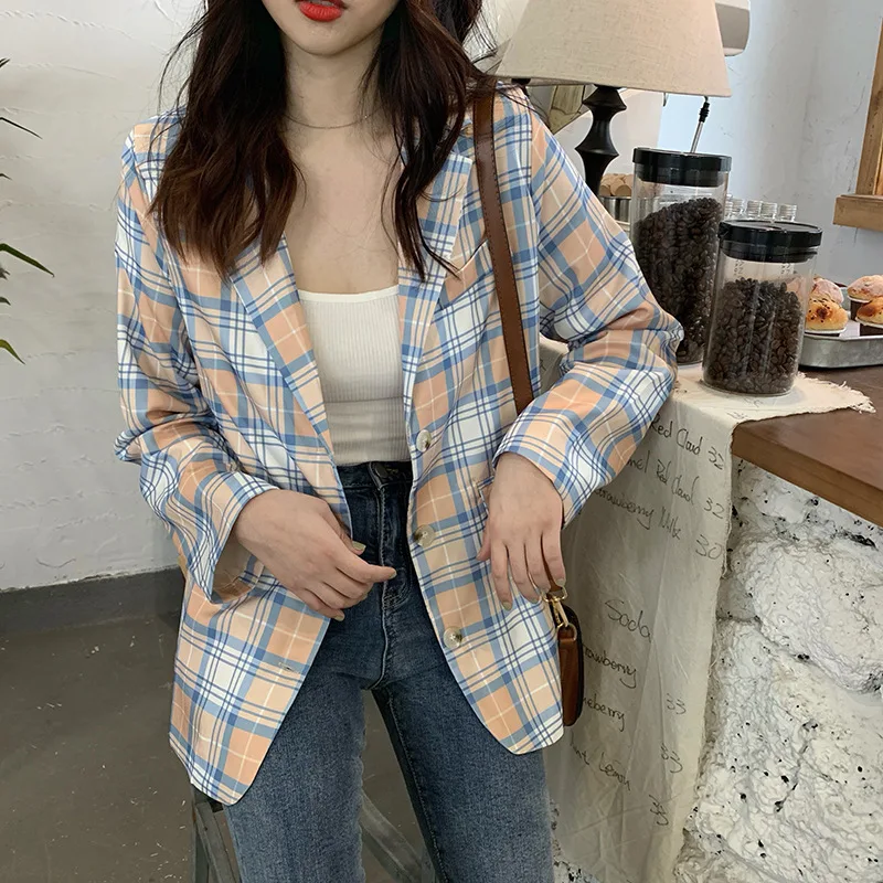 

Autumn New Style Retro Versatile Small Suit Coat Female Suit Contrast Color Pattern Tops