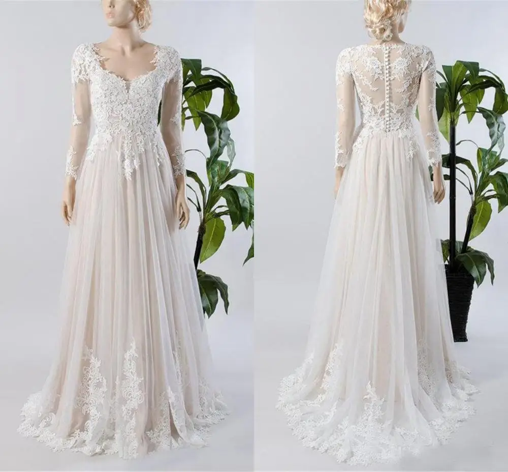 Illusion Sheer Button Terug Champagne Voering Strand Bruidsjurk 2020 Lijn Lange Mouw Kant Tule Trouwjurk Illusion Sheer Button Terug Champagne Voering Strand Bruidsjurk 2020 Lijn Lange Mouw Kant Tule Trouwjurk