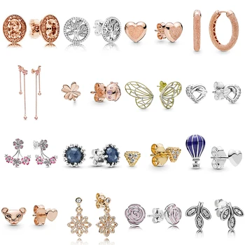 

2019 NEW 100% 925 Sterling Silver Rose Matte Brilliance Lioness Hearts Trees of Life Stud Earring Fit DIY Women Original Jewelry