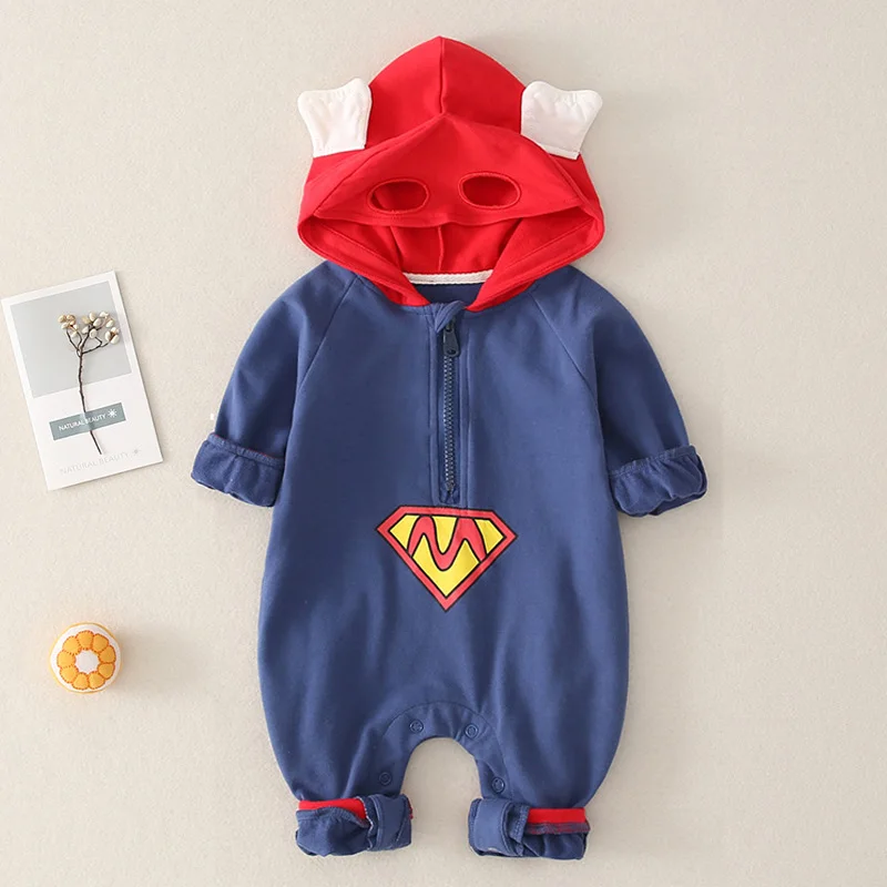 Детский зимний комбинезон, Одежда для новорожденных мальчиков, комбинезон на Хэллоуин с человеком-пауком, комбинезон с капюшоном с длинными рукавами для детей, Rompe - Цвет: Blue