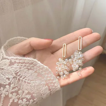 

S925 Silver Pin Long Crystal Tassel Grape Drop Earrings for Women Gold Rectangle Geometric Dangle Pendant Earring Party Jewelry