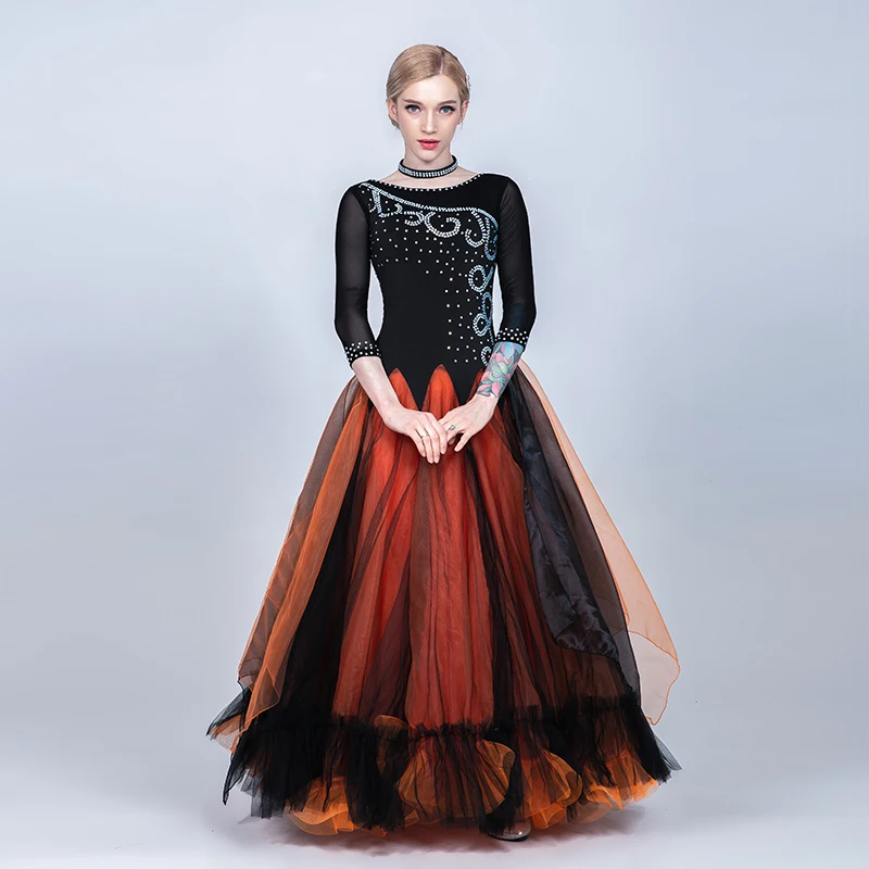 Orange Dress Новые Бальные платья для танцев многоцветные Стразы танцевальные костюмы фламенко Вальс Танго Конкурс одежда для современных танцев PY278 - Цвет: Orange Dress
