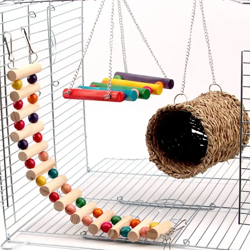 Cage Hamster Hammock Swing Ladder Pet Budgie Toys Hanging Suspension Bridge Steps Stairs Climbing Swing Hammock with Bed for Cage Hamster Rat Budgie Cockatiel Parrot Playing Sleeping Toys