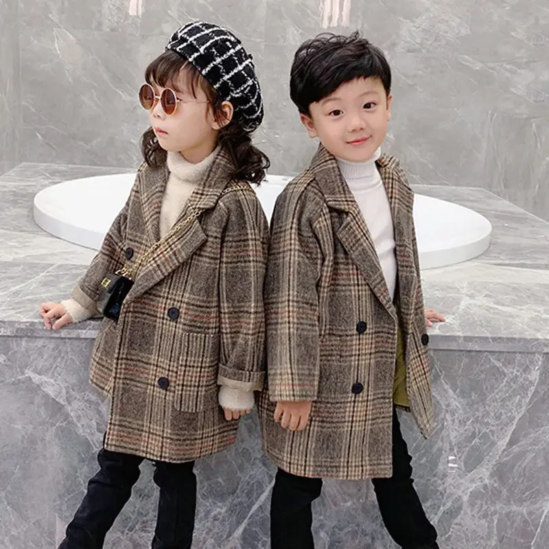 

Girls Woolen Coats Teenager 14t Autumn Winter Outerwear Boys Thick Snowsuit Kids Mid-length Plaid Jacket Children Wool Blends