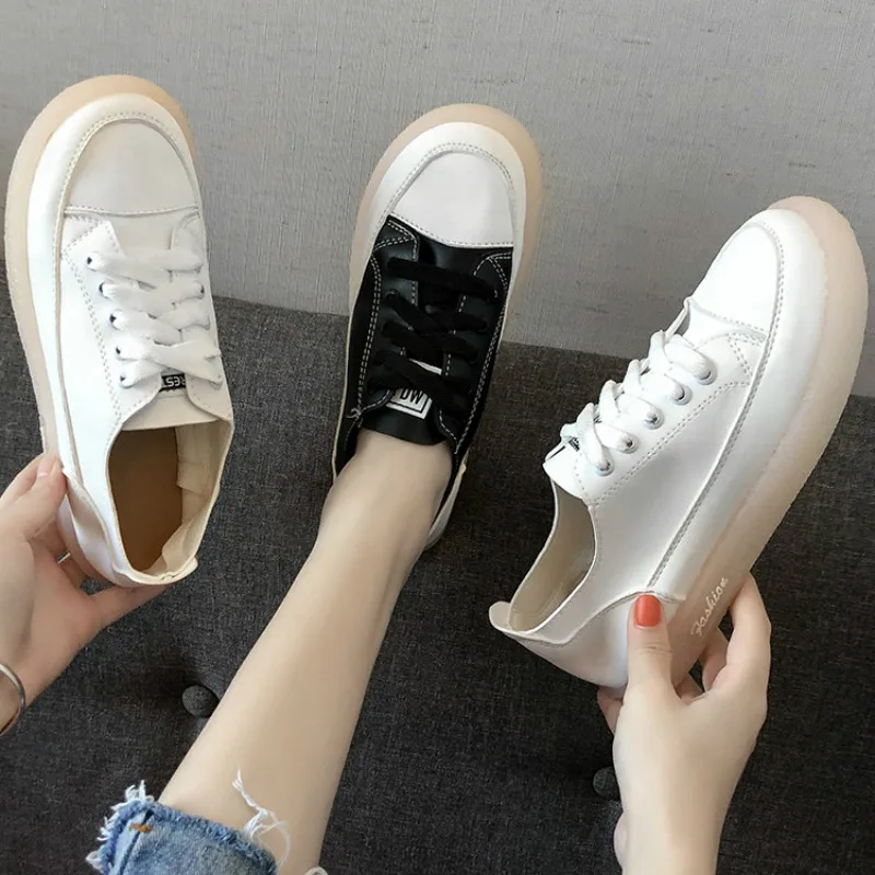 

2019 new spring tenis feminino lace-up white shoes woman PU Leather solid color female shoes casual women shoes sneakers HD34