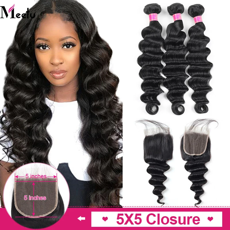 

Meetu Brazilian Loose Deep Wave Bundles with Closure Baby Hair Human Hair Bundles with 5x5 Closure Bundles with Closure 4x4 inch
