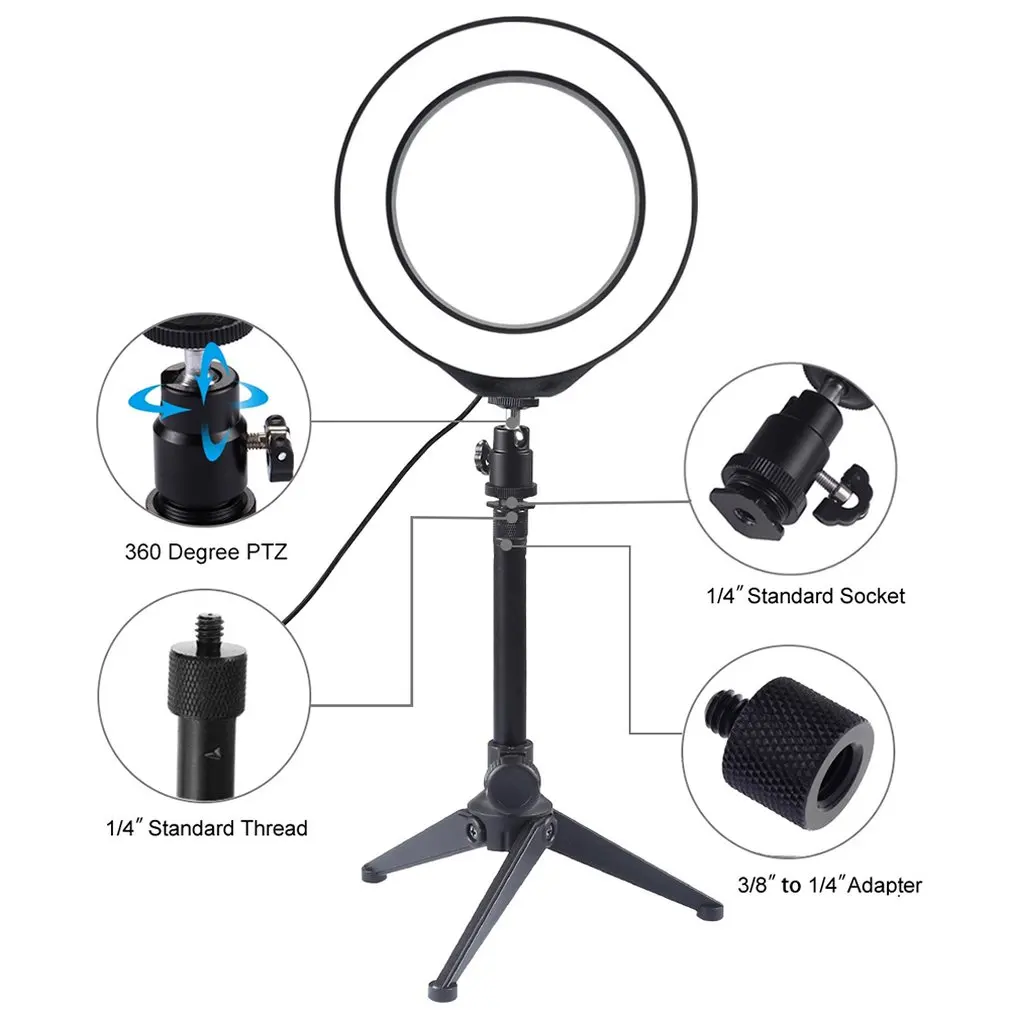 6.2 Inch Usb 3 Modes Dimmable Led Ring Vlogging Photography Lights+ Desktop Tripod Holder With Cold Shoe Tripod Ball Head