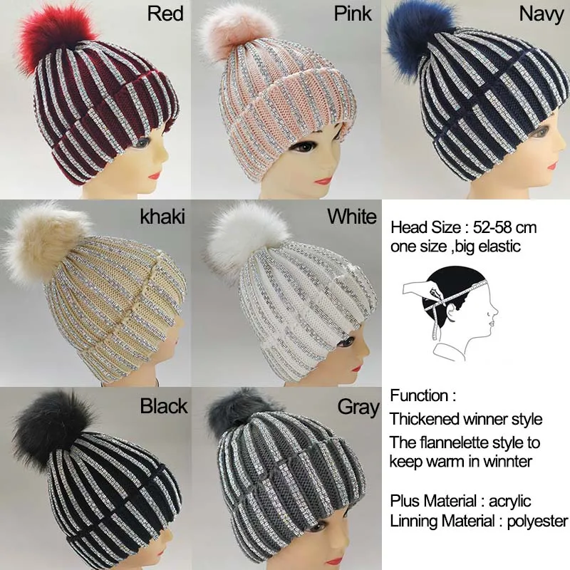 Высококачественные вязаные повседневные шапочки Skullies, кашемировые зимние шапки для женщин и девочек, одноцветные осенние плотные шапки с искусственным мехом и помпоном