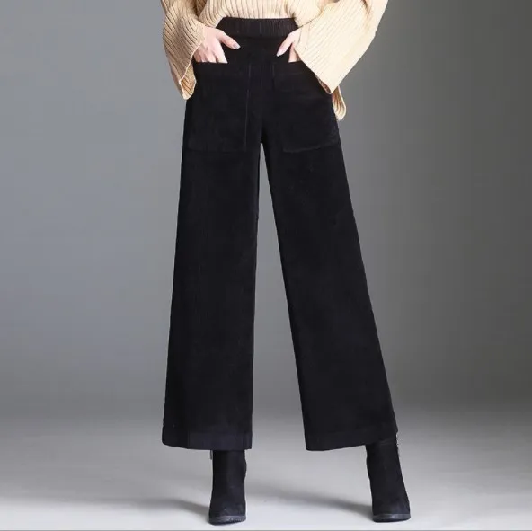 Womens Autumn Winter Corduroy Wide Leg Pants Formal Trousers Women Casual Bell Bottom Pants Korean Female Loose Pants - Цвет: Черный