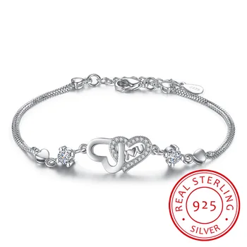 

925 Sterling Silver Eternal Love Heart Zirconia Double Layer Chain Bracelet For Women pulseira feminina S-B47
