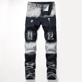 

New Jeans Men Retro Hole Bleached Distressed Scratched Bleached Ripped Denim Trousers Male Cowboy Vintage Straight Stretch Jeans