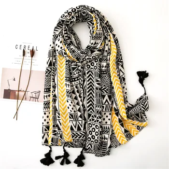 

Cotton And Linen Scarf Korean-Style Design-Black And White Contrast Color Geometric Shawl Lengthen Dual-Use Beach Towel Scarf
